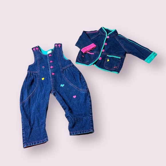 Vintage Baby All Mine Denim Blazer Overall Set Flower Fruit Pink Teal Sz 12 M - Picture 1 of 16